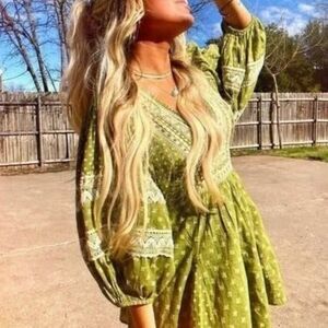 Free people FP Wome's xs Sweet Southwest Mini green dress vacation dinner outing